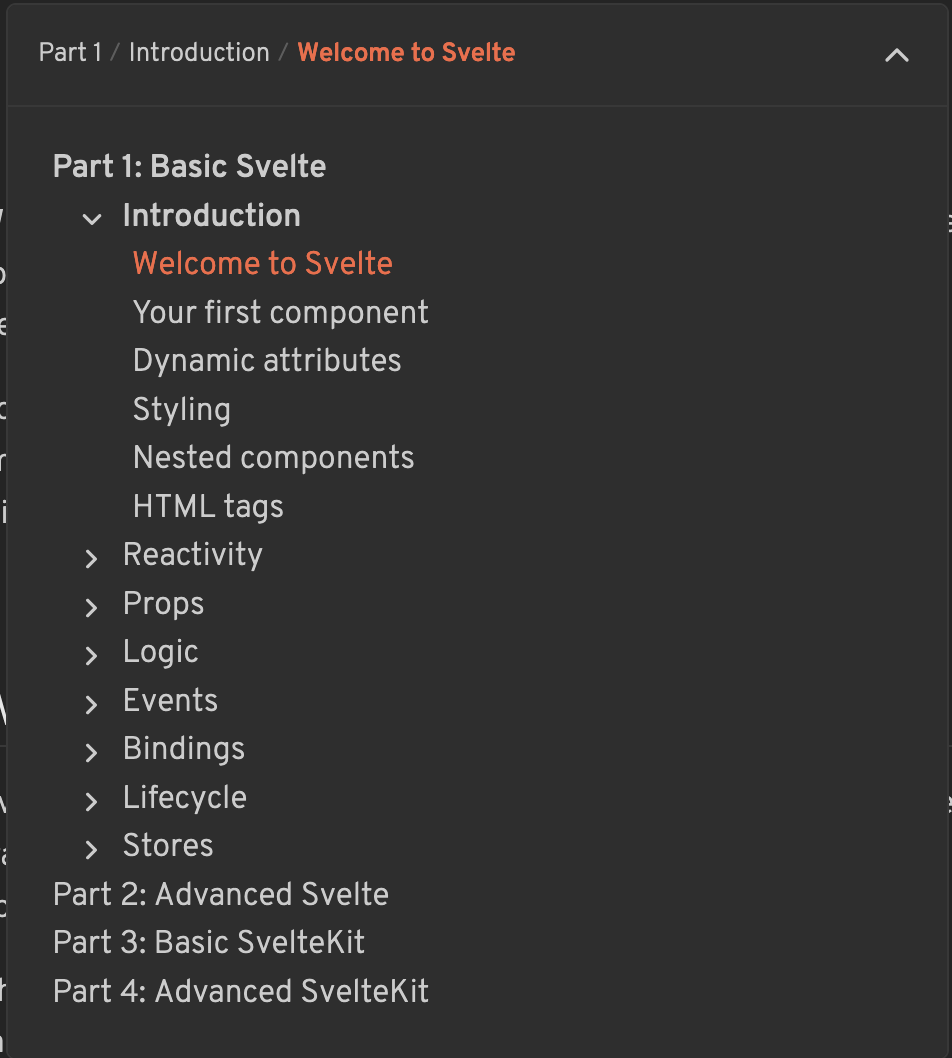 List of Svelte's subcategories of tutorials