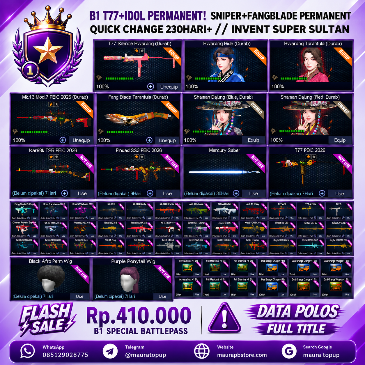 B1 T77 + IDOL PERMANENT ! SNIPER+FANGBLADE PERMANENT QUICK CHANGE 230HARI+
