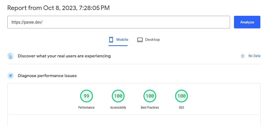 Pavee.dev's (this site) performance score on  Google Page Speed Insights